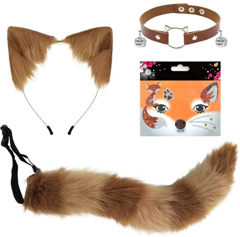 Fuchs Kostüm Set – Katze Kostüm mit Flauschige Katzenohren Stirnband, Fuchs Kunstfell Schwanz, Halsband & Fuchs Gesichtssticker, Tierkostüm für Halloween, Cosplay, Rollenspiel, Karneval, Party