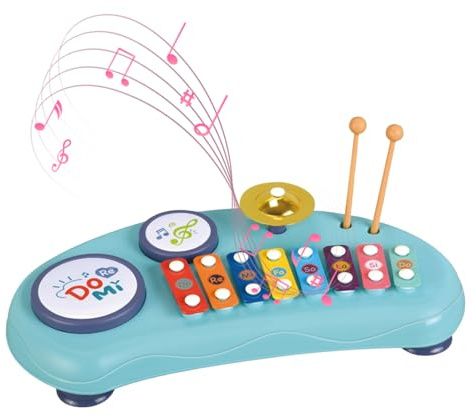 RASTKY Regenbogen-Xylophon-Schlagzeugset, Bunt, 8 Töne, 2 Trommeln, 1 Becken, 8 Tasten, Schlaginstrument für Kinder, Nicht Elektrisches Musikspielzeug (Blue)