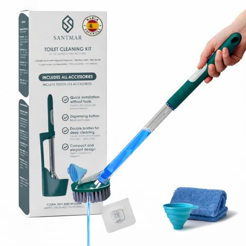 SANTMAR Kit Escobilla WC con dispensador de jabón Recargable, Set complto Limpieza Inodoro 3 en 1 con Base ventilada, paño de bambú, Embudo antigoteo y Gancho Adhesivo sin taladros para baño Moderno