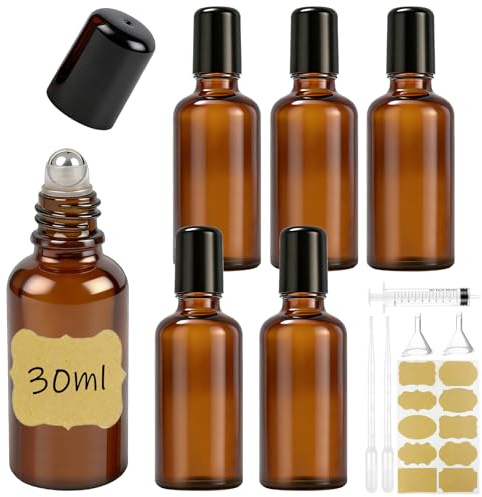 Maxumille 6 stycken 30 ml rulle på glasflaskor för eterisk olja, rulle på flaska, tom, med rostfri rullboll påfyllningsbar brun rollon-flaskor med 6 tillbehör för parfym, kosmetika, massage