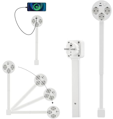 Multiprise avec rallonge escamotable (44-67cm), multiprise extensible pivotante à 180°, 5 prises, 1 USB-A et 1 USB-C et 3 prises AC