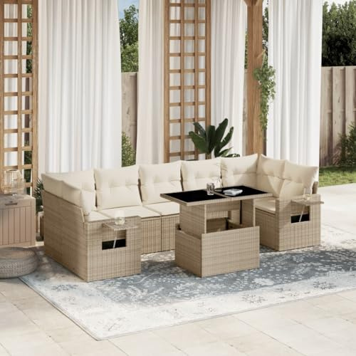 Frdhee Juego de muebles de exterior para balcón, 8 piezas, juego de sofá de jardín con cojín de ratán de polirratán beis, grupo de asientos para jardín de invierno, balcón, terraza, diseño moderno