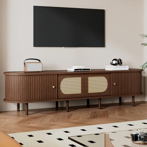 Merax TV Ständer Ovaler in Nussbaum dunkel, Lowboard TV Board mit 2 Schiebetüren & 2 Rattan-Falttür, TV-Schrank für 80-Zoll-Fernseher, Landhausstil Sideboard, Fernsehschrank für Wohnzimmer, 180cm
