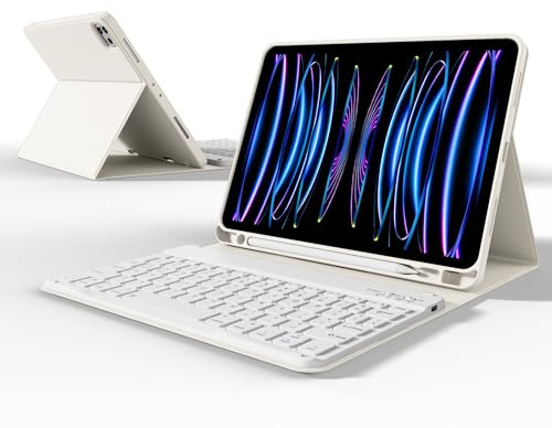 KVTVOU Case Keyboard for iPad Pro 11 Inch 2022/2021/2020 (iPad Pro 11 4th/3rd/2nd Generation), Magnetic Bluetooth Keyboard, Shockproof TPU Cover with Stylus Slot, Auto Wake/Sleep, Creamwhite