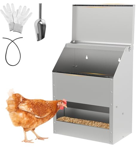 Monucep Hühnerfutterautomat 15KG – Großer Geflügelfutterspender aus verzinktem Stahl mit Deckel & Wandhalterung – Futterspender Hühner & Enten, inkl. Handschuhe, Futterlöffel & Kratzschutzstreifen