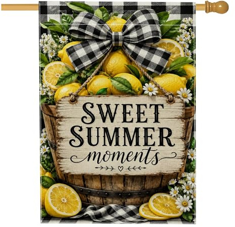Bandiera della casa del limone, cesto estivo rustico crisantemo giallo giallo doppio lato decorativo esterno portico bandiere per esterni patio prato ingresso campeggio 71 x 101 cm