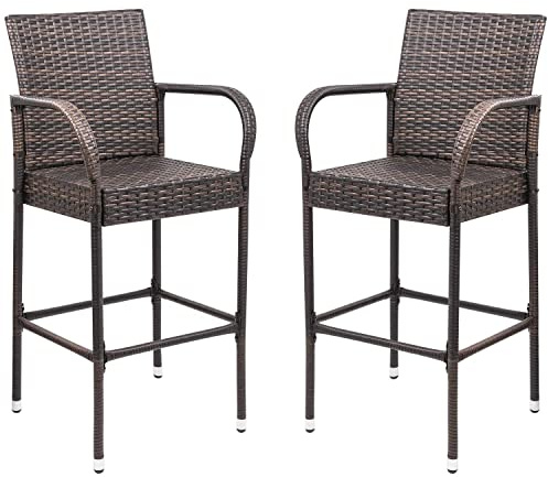 Homall Patio Bar Stools Wicker Barstools Indoor Outdoor Bar Stool Patio Furniture with Footrest and Armrest for Garden Pool Lawn Backyard Set of 2 (Brown)