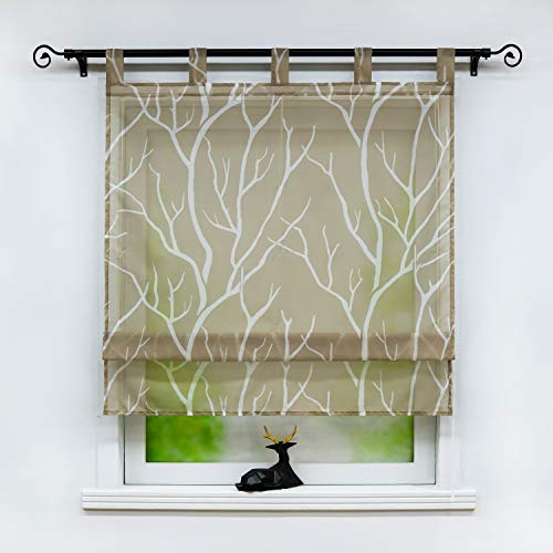 Joyswahl Voile Raffrollo Transparente Raffgardine mit Äste-Motiv »Tatjane« Schals Küche Fenster Vorhänge BxH 140x140cm braun-weiß mit Schlaufen 1er Pack