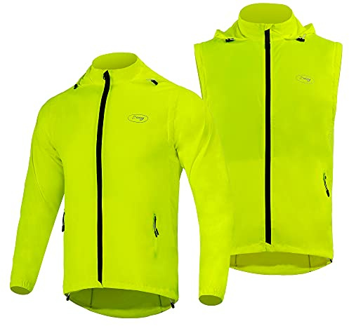 Dooy Men's Cycling Jacket Removable High Visibility Biking Windbreaker(Yellow, XL)