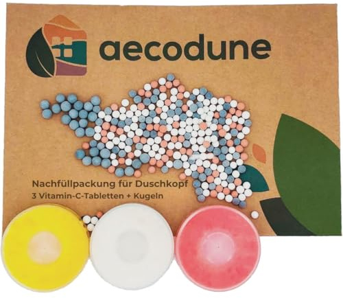 Aecodune Kalkfilter Duschkopf Nachfüllung - Wasser- und Chlorfilter mit Vitamin C - Entspannung zu Hause - Enthärter-Kit mit Duschkugeln mit negativer Ionenfilterung - Zitrone, Rose, Jasmin