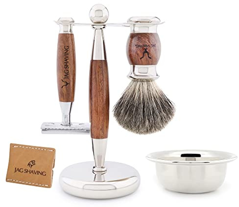Jag Shaving Germany Kit de rasage 5 pièces avec blaireau en poils de blaireau et support en cuir pour rasoir de sûreté