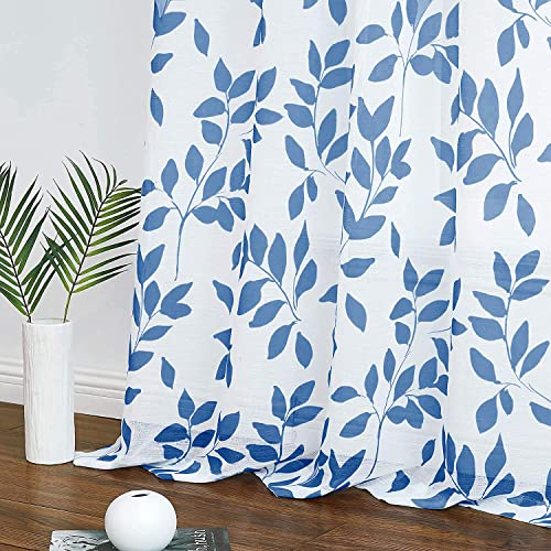 Transparent Gardinen Navy Blau Blätter Voile Gardinen mit Ösen Leinenoptik Transparent Vorhänge Muster Durchsichtige Vorhänge für Dekoration Wohnzimmer Schlafzimmer Kinderzimmer,2 Stücke(136 x 245 cm)