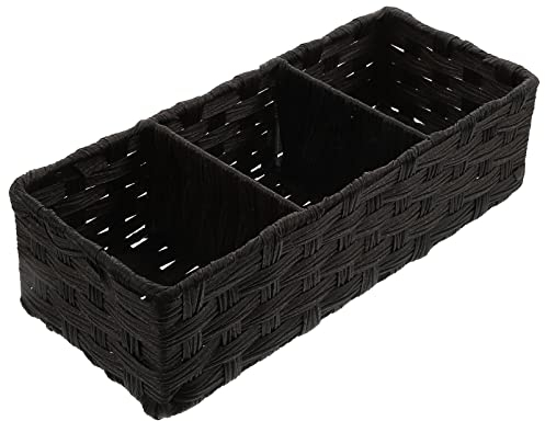 Zerodeko Black Desktop Storage Box with 3 Compartments Woven Seagrass Organizer for Office Study Dormitory