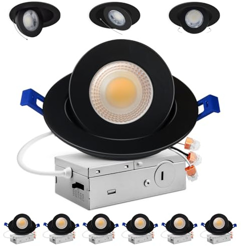Adetu 4 inch 5CCT Gimbal Black Led Recessed Lights, 360°+90° Adjustable Directional Recessed Lighting, 2700K/3000K/3500K/4000K/5000K Dimmable Retrofit Eyeball Can Lights with Jbox, ETL(Black, 6 Pack)