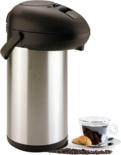 Large Thermal Insulated 5L Stainless Steel Air Pot Pump Action Button Hot Cold Drink Dispenser Vacuum Flask Airpot Water Coffee Tea Jug Soup Beverage Home Office Party Picnic Partner