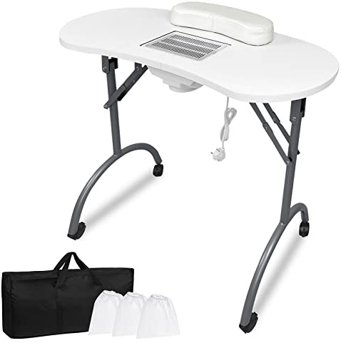 XMTECH Maniküretisch mit Absaugung, Faltbar Nageltisch Maniküre Tisch Tragbaresmanikürtisch Mobilesmanikürtisch mit Rollen, Staubbeutel, Tragetasche, Weiß, 90 x 37 x 77 cm