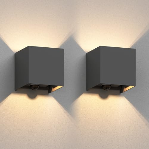 ledscom.de 2x Wandleuchte CUBEL, Bewegungsmelder, für außen, anthrazit, IP65, Up & Downlight, quadratisch + LED Lampe 501lm, warmweiß