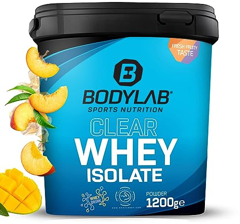Bodylab24 Clear Whey Isolate Mango-Pfirsich-Eistee 1200g, Eiweiß-Shake aus 95% hochwertigem Molkenprotein-Isolat, erfrischend fruchtiger Drink, Whey Protein-Pulver kann den Muskelaufbau unterstützen