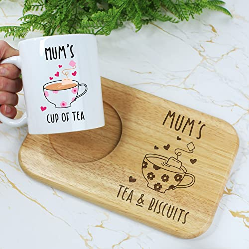 Mum's Tea & Biscuits Board & Mug Set, Wooden Treat Board with Cup of Tea Mug, Snack Tray, 350ml Coffee Mug, Mother's Day, Birthday Gifts for Mum