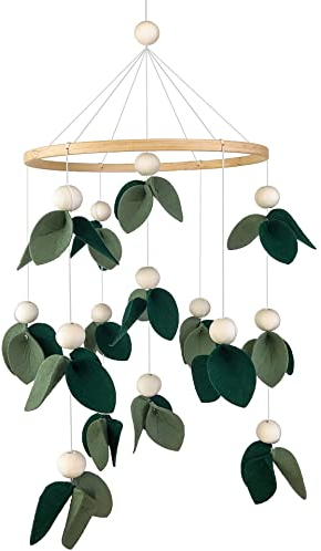 ISAKEN Baby Windspiel Krippe mit Filzbällen, Babybett Mobile Windspiel 3D Blätter Mobile Babybett Dekor Ornament Kinderzimmer Hängende Bettglocke Geschenk für Baby Mädchen Jungen