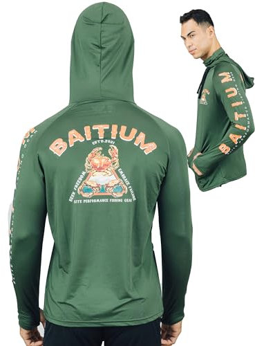 Fishing Shirts for Men,UPF50 Hooded Long Sleeve with Gaiter, Sun Protection Dry Fit Apparel, Cooling Moisture Wicking with Face Mask, Fishing Clothes for Men - Unisex Crab (Large, Green)
