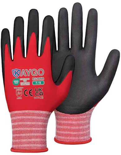 KAYGO Safety Work Gloves MicroFoam Nitrile Coated 3 Pairs, KG18NR | 15G Seamless Knit Nylon Liner, Breathable, High Dexterity, Non-Slip Grip in Oily for Warehouse, Automotive, DIY (Red, S)
