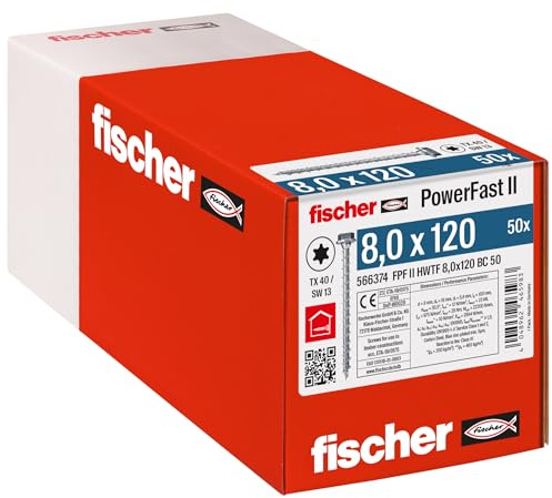 fischer - Tirefond PowerFast FPF II HWTF 8,0x120 revêtement zingué, Filetage Total, tête hexagonale avec Empreinte Torx/Boîte de 50