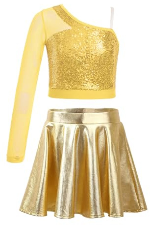 Agoky Mädchen Pailletten Crop Top und Metallic Sport Skater Rock | Hip Hop Jazz Tanz Kleid 2 Teillig Outfits Cheerleading Uniformen Wettbewerb Bühne