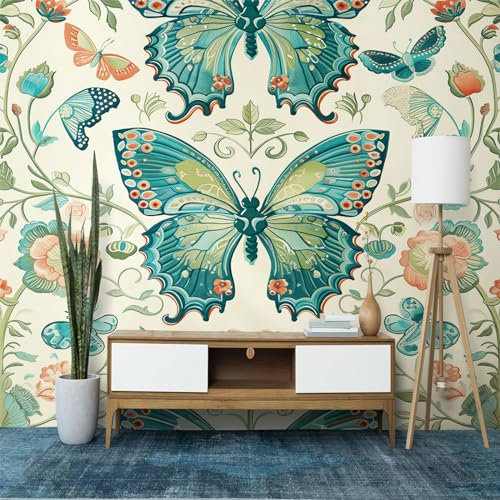 Papier Peint Intissé Animaux Papillon Fleur de Pavot 250 x 175 cm (L x H), Papier Peint Panoramique Vert Sauge, Mural Photo Mural Poster pour Salon Chambre de Enfants Décor Fond TV