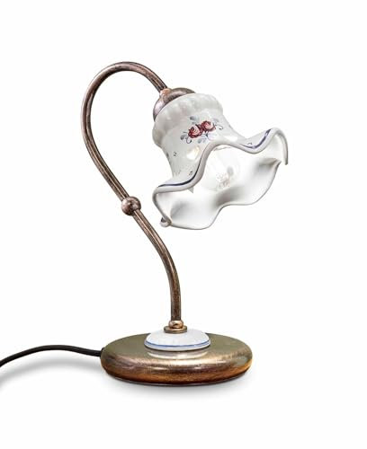 Licht-Erlebnisse Tischleuchte Metall Keramik E14 28,5 cm in Kupfer antik Weiß Blümchendekor handbemalt Landhausstil Schreibtischlampe Leselampe Nachttischlampe