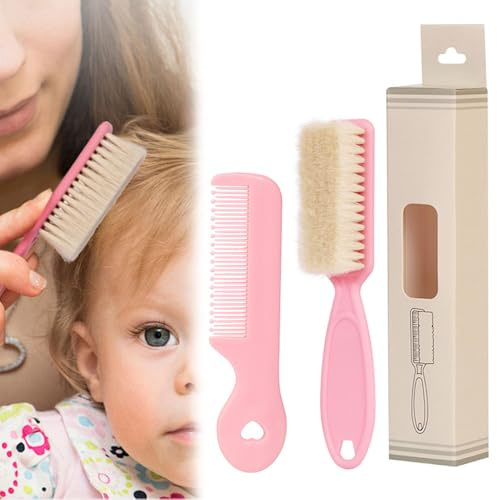 Bmeigo Baby Hair Brush and Comb Set Soft Goat Bristles Hair Brush Natural | BPA-free, Flexible Hair Comb, Massage Cradle Cap Treatment for Newborns, Toddlers and Kids, Baby Shower and Registry (Pink)