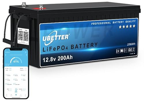 UBETTER Lifepo4 200Ah Bluetooth 12V 200Ah Batería de Litio 4000+ Ciclo Profundo con BMS, MAX. 2560W, Sistema Solar, Fuera de la Red