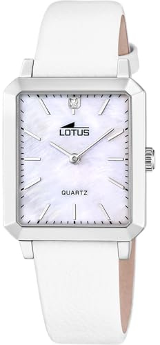 LOTUS Reloj Mujer Analógico de Cuero Blanco - Movimiento de Cuarzo - Cristal Mineral de Alta Resistencia - Resistente al Agua 5 ATM - Elegante, Clásico y Vintage 18987/1 - Square Series