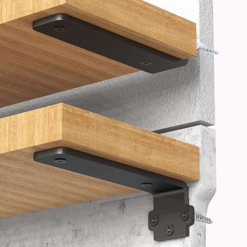 TINIFO 4 Pièces Équerre Support Étagère Murale 25 cm, Supports d'Angle Robustes avec Fixation Invisible, Capacité de Charge 75 kg, Fixation Murale pour Étagères Lourd, Couleur Noire