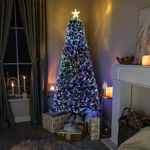7ft Green Fibre Optic Tree with Red Berries and Multi Fibres