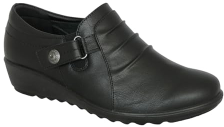 Cushion Walk Chaussures plates à enfiler EEE Fit pour femme - Légères - En similicuir noir - Chaussures plates décontractées pour le travail et le bureau - Avec boutons et détails faîtes, Noir , 38 EU