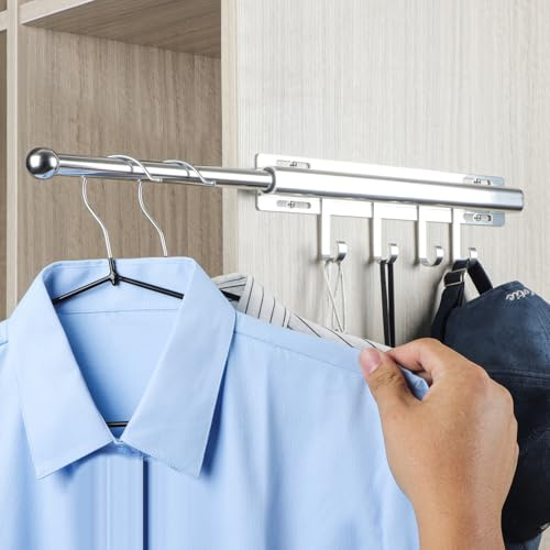 BaiNong - Barra de guardarropa de 30,5 cm para armarios, barra extraíble deslizante, color plateado, colgador extraíble para ropa, con 4 ganchos, organización y almacenamiento