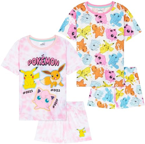 Get Trend Pokemon Pijamas Niña Chica Tie Dye Paquete de 2 Pijama Manga Corta Niña con Shorts Ropa de Estar en Casa Regalos Niños (7-8 Años, Multi Pokemon, 2)