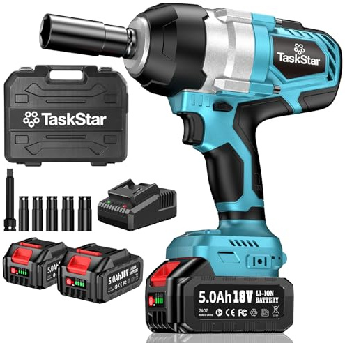 TaskStar Cordless Impact Wrench, 1032Ft-lbs (1400N.m) 1/2 High Torque Brushless Impact Gun, 18V Power Impact Wrench, 5000mAh Battery, 4 Sockets, Variable Speeds for Car/Truck RV/Mower