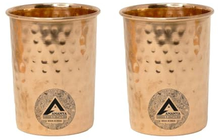 ANANYA FASHION & CRAFTS HUB Set of 2 Copper Tumbler | 300 ml 100% Pure Copper Hammered Glasses | Ayurvedic Health Benefits Medicine Cups | Drinking Water Tumblers 2 Pieces | Premium Quality Cup