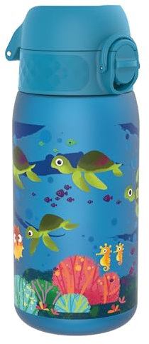 Ion8 Gourde Enfant, 350ml, Anti-Fuite, Facile à Ouvrir, Verrouillage Sécurisé, Lavable en Lave-Vaisselle, Sans BPA, Poignée de Transport, Facile à Nettoyer, Carbone Neutre, Tortue De Mer
