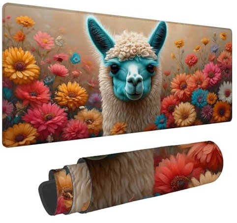 Tapis de Souris Fleurs Tapis de Souris XXL Alpaga 1500x800x4mm Tapis Souris Gamer, sous Main Bureau Ordinateur Portable, Mouse Pad Bords Cousus Caoutchouc Antidérapante, pour Souris et Clavier A-162