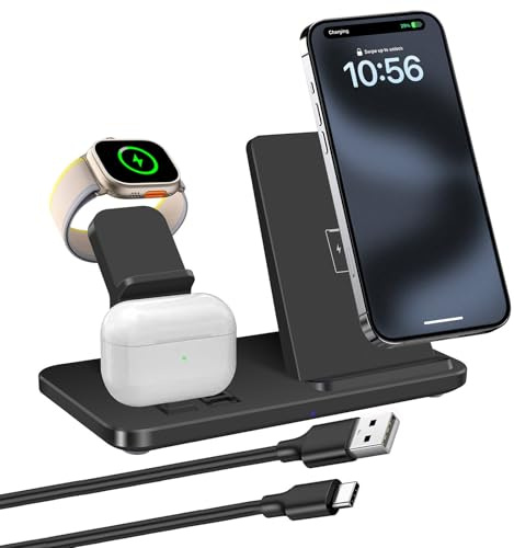 Station de Charge Chargeur à Induction 3 en 1 Chargeur sans Fil Compatible avec iPhone 8-17 Série, Apple Watch 11/Ultra 3/10/9/Ultra/8/7/6/SE/5/4/3/2, AirPod/Galaxy Buds/Pixel Buds