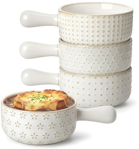 MALACASA French Onion Soup Bowls with Handles - 20 oz Oven Safe Bowls Soup Crocks for Chilli, Beef Stew, Cereal & Pasta - 5 Inch, Set of 4, Series LYDIA