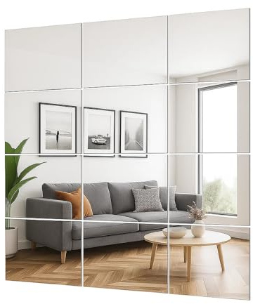 YANA Glass and Mirror Acrylic Mirror Tiles 12x12 Inch Pack of 12 – Peel and Stick Mirror Tiles for Wall – Shatterproof Flexible Self-Adhesive Decorative Mirrors for Bedroom, Gym, Entryway, Closet
