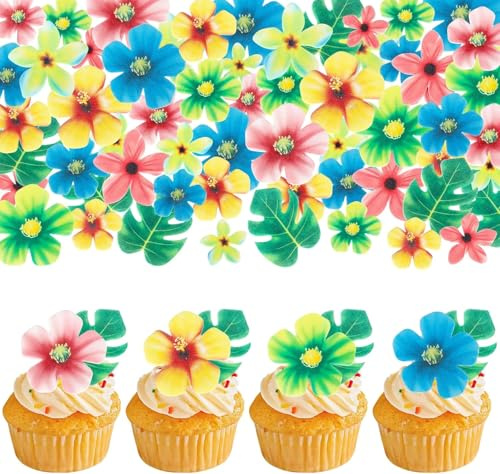 83 Pack Edible Tropical Palm Leaves Hawaii Flowers Cupcake Toppers Edible Flowers Cupcake Picks Hawaii Theme Cake Decorations for Jungle Theme Birthday Party Wedding Cake Decoration Supplies