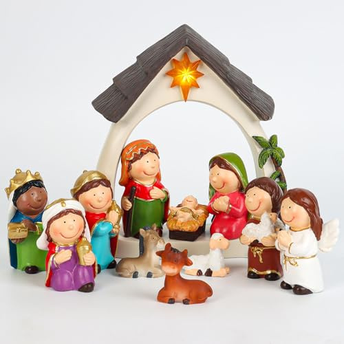 TBRFP Weihnachtskrippe,Krippenfiguren Set für Oster,Oster-Auferstehungsszene-Set,Ostergeschenke Osterdekorationen für Hause,12 Pcs LED-Auferstehungsszene-Set,religiöse Jesus-Krippendekorationen