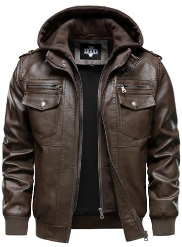 HOOD CREW Men's Faux Leather Hooded Jacket Motorcycle Jackets Water Repellent Windproof PU Moto Vintage Bomber Hoodie Coats Coffee M