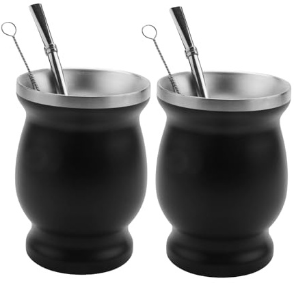Janasiba Juego de té de doble pared Yerba Calebasse Mate de acero inoxidable, café y agua, 8 onzas