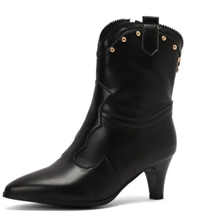 Bottines Chics pour Femmes avec Décor De Clous Bout Pointu Mid Kitten Heels Fermeture Éclair Latérale Élégante Soirée Casual Chaussures De Travail,Noir,47 EU